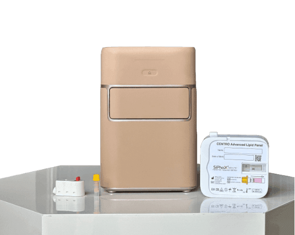 SiPhox One home testing device with EasyDraw collection kit and CENTRO Advanced Lipid Panel cartridge